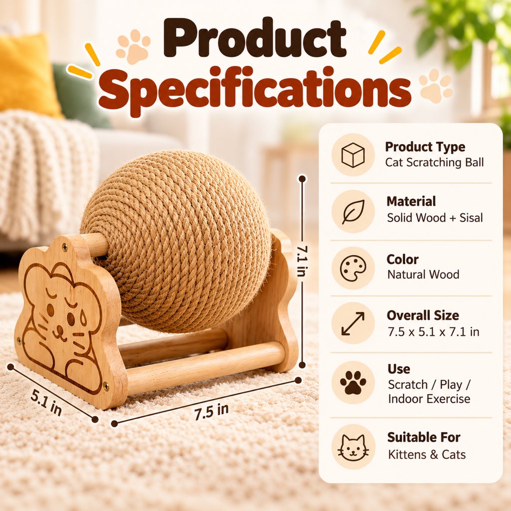 Sisal Cat Scratching Ball – Wooden Stand
