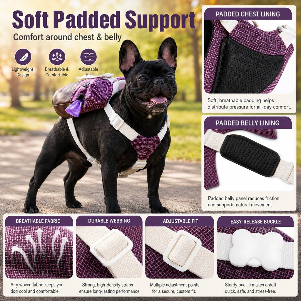 Frenchie Backpack Harness – No Neck Pulling, Carry Essentials