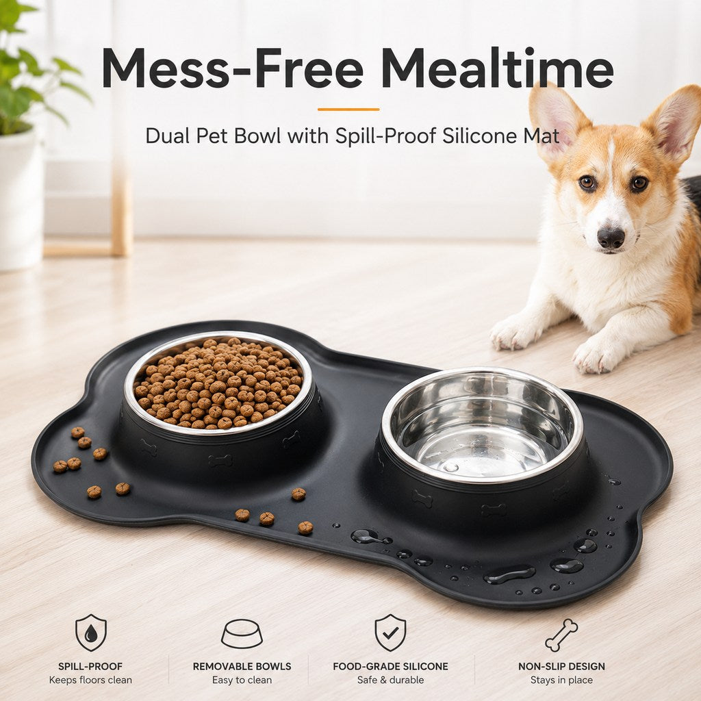 Spill-Proof Dual Pet Bowl – Mess-Free Food & Water