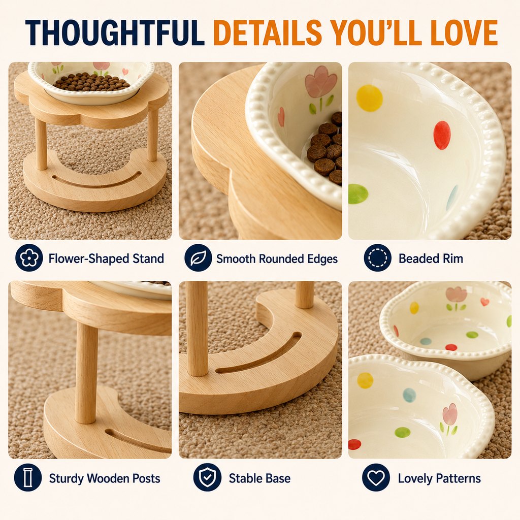Elevated Ceramic Pet Bowl – Wooden Stand