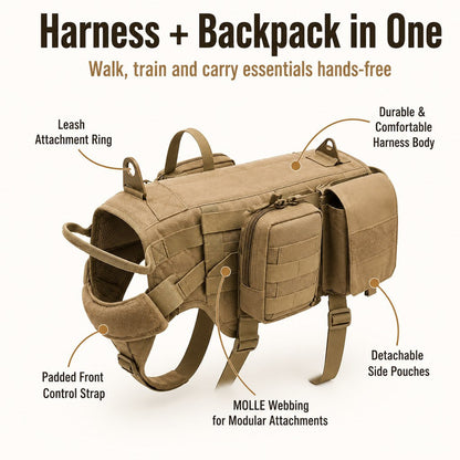Tactical Dog Backpack Harness – Detachable Gear Pouches