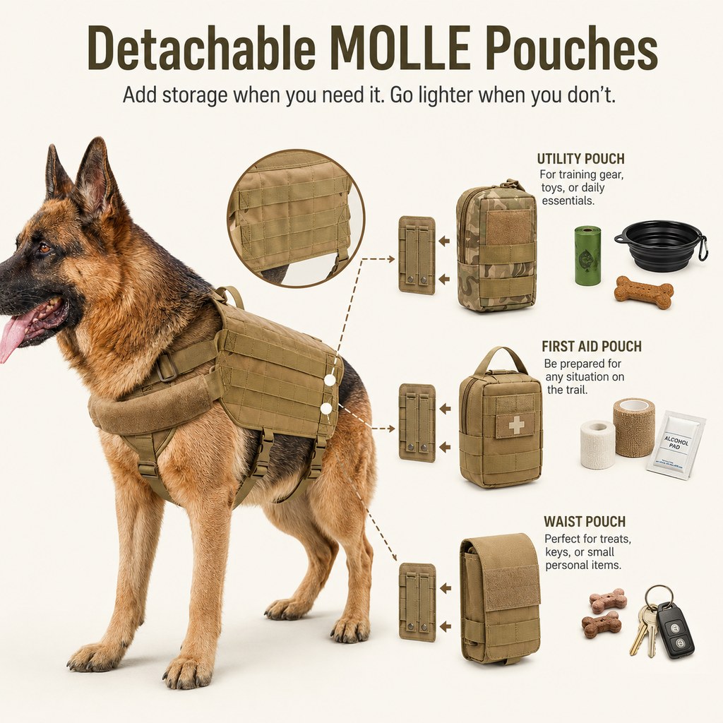 Tactical Dog Backpack Harness – Detachable Gear Pouches
