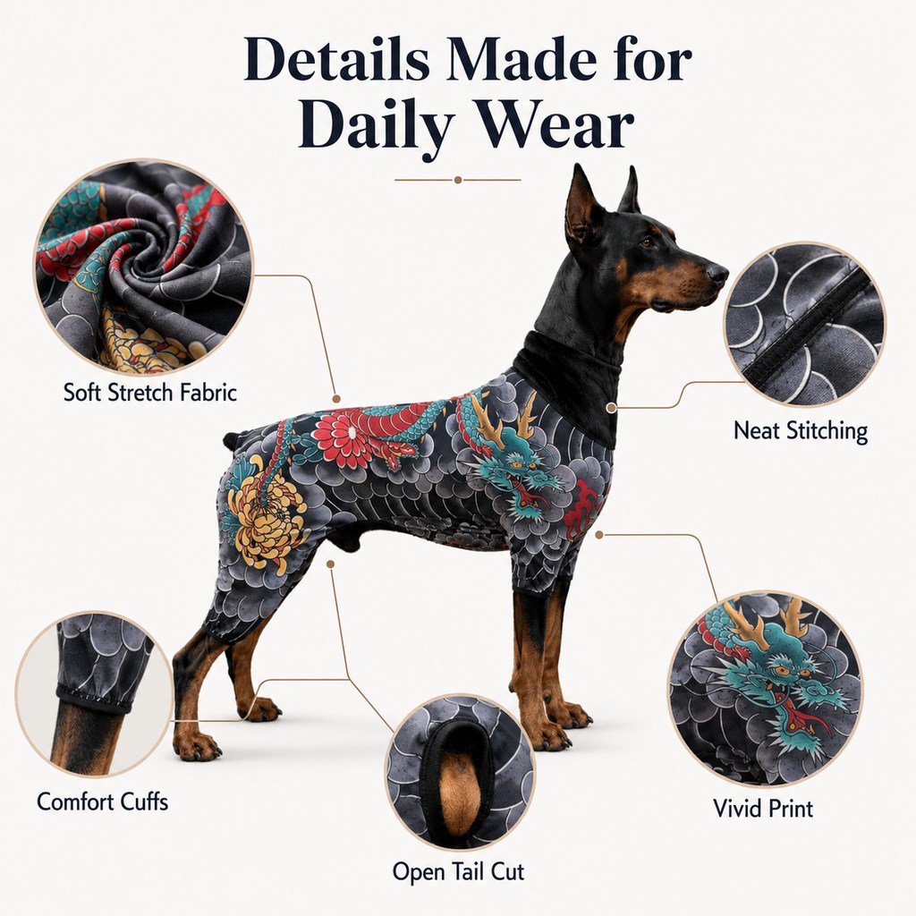 Tattoo Print Pet Bodysuit – Stretchy, Contains Loose Hair