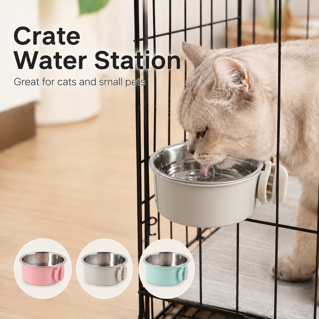 Crate-Mounted Steel Pet Bowl – Spill-Free Kennel Feeding