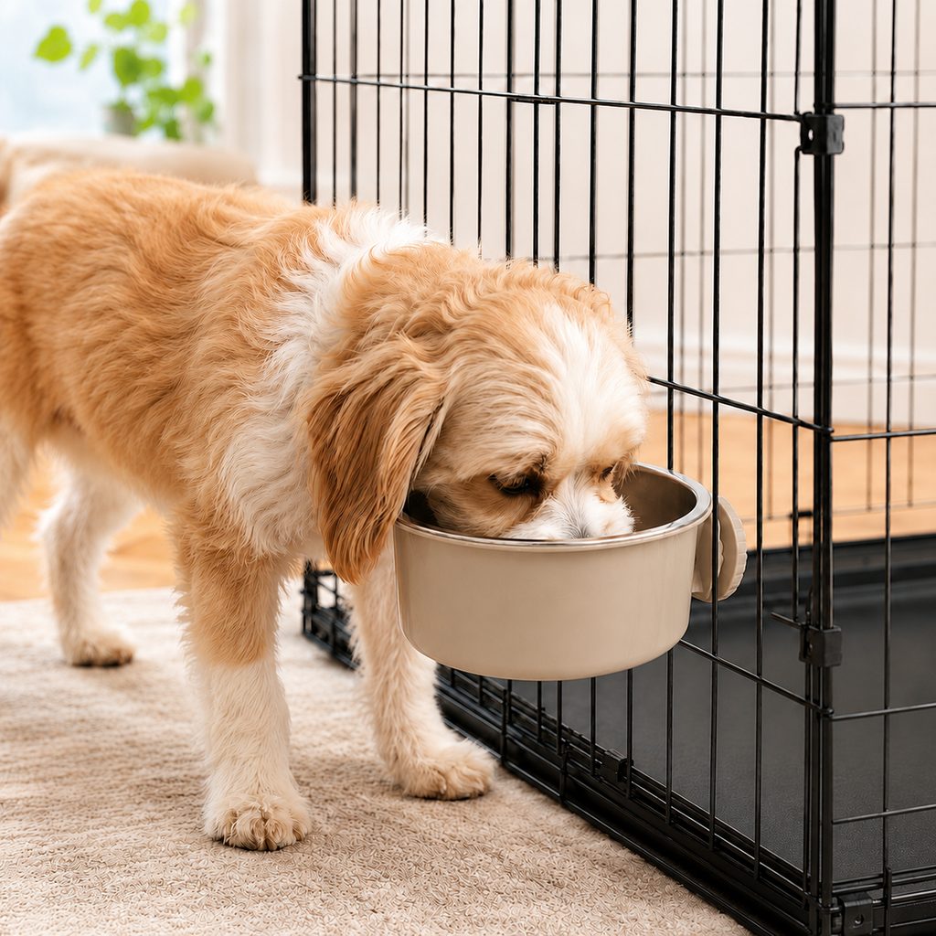 Crate-Mounted Steel Pet Bowl – Spill-Free Kennel Feeding