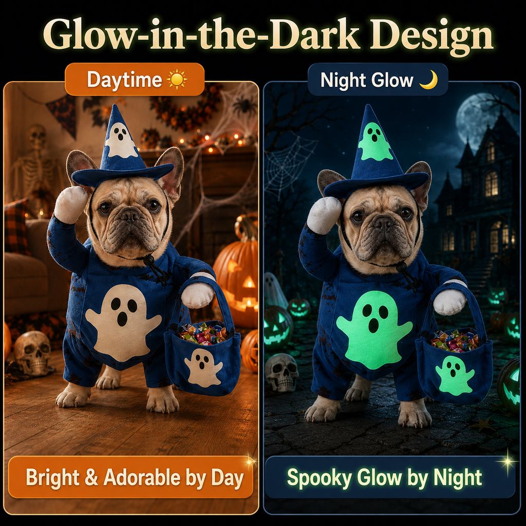 Glow Ghost Wizard Dog Costume – Hat & Treat Bag